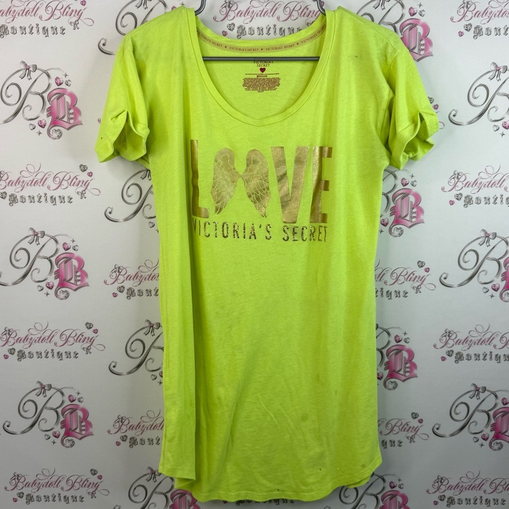 Victoria's Secret T-shirt dress gold wing love Neon Lime yellow LOVE Graphic Tee